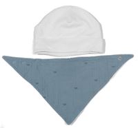 2set - Bílá bavlněná čepice + modrošedý mušelínový slinták s velrybami