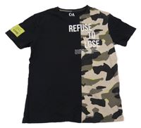 Černo-khaki-béžové tričko s nápisy a army vzorem C&A