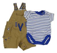 2set - Tmavomodro-bílé pruhované body + béžové plátěné laclové kraťasy Next 