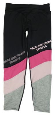 Černo-šedo-růžové sportovní legíny s nápisem Page one young