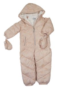 2set - Světlerůžová šusťáková prošívaná zimní puntíkatá kombinéza s kapucí+ rukavice F&F