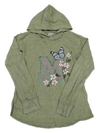 Zelený úpletový lehký svetr s písmenem a kapucí H&M