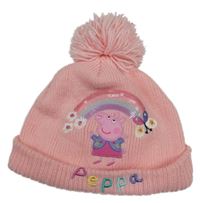 Růžová pletená čepice s Peppou a duhou a bambulí