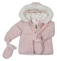 Nové - Světlerůžová šusťáková prošívaná zimní bunda s kapucí + rukavice F&F