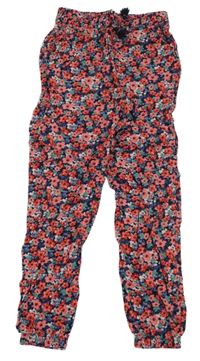 Tmavomodro-červené květované lehké kalhoty H&M