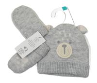 Nové - 2Set - Šedá melírovaná čepice - medvídek + rukavice F&F