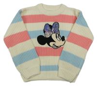 Smetanovo-růžovo-světlemodrý pruhovaný svetr s Minnie s flitry C&A