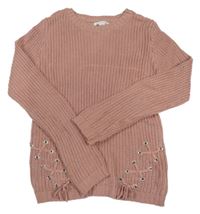 Růžový žebrovaný svetr se šněrováním Primark