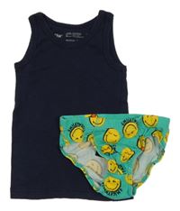 2Set - Tmavomodrý nátělník lupilu + zelené slipy se smajlíky H&M