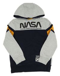 Tmavomdro-šedá/melírovaná mikina s nápisem - NASA a raketou a kapsou a kapucí C&A