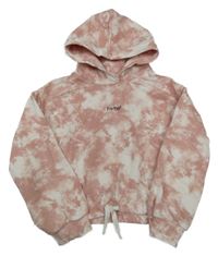 Růžovo-bílá batikovaná crop mikina s nápisem a kapucí C&A