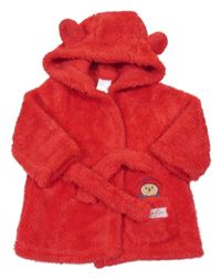 Červený chlupatý župan s medvídkem Paddington a kapucí s oušky