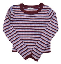 Vínovo-růžovo-fialový pruhovaný žebrovaný žinylkový svetr crop svetr Primark