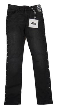 Nové - Tmavošedé skinny high waist rifle s kamínky 