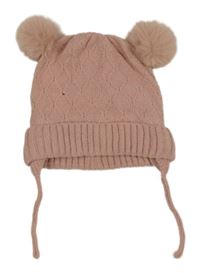 Růžová pletená čepice s bambulemi Matalan