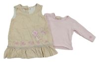 2set - Béžové manšestrové šaty s kytičkami + světlerůžové triko 