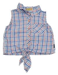 Bílo-modro-světlemodro-růžová kostkovaná letní crop halenka s uzlem