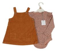 Nové - 2 Set - Starorůžové tečkované body + Rezavé manšestrové laclové šaty Tu