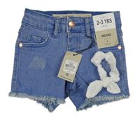 Nové - 2set - Modré riflové mid rise kraťasy s prošoupáním + bílá gumička do vlasů Denim Co. 