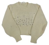 Smetanový žinylkový crop ažurový svetr s kamínky M&S