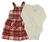 Nové - 2Set - Červeno-bílo-černé kostkované vlněné propínací šaty + bílé žebrované body s volánkem F&F