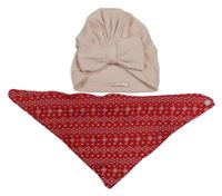 2Set - Světlepudrová žebrovaná turbanová čepice s mašlí + červený vzorovaný šátek