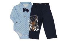 Nové - 3set - Světlemodré puntíkaté košilové body s motýlkem + tmavomodré kalhoty + kšandy Shein