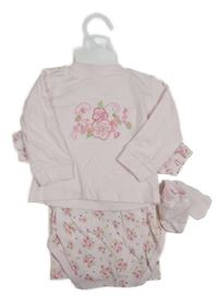 Nové - 5 set - světlerůžové triko s květinami + body + legíny + rukavice + capáčky 