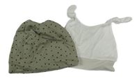 2set - 2x čepice - bílá + khaki-černá puntíkatá 