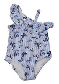 Modro-bílé pruhované jednodílné asymetrické plavky s motýlky a volánkem H&M