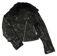 Černá crop koženková bunda s chlupatým odepínacím límcem H&M