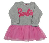 Šedo-růžové melírované teplákovo/tylové šaty s nápisem Barbie