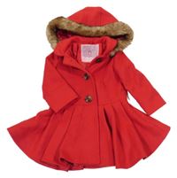 Červený flaušový podšitý kabát s kapucí s kožešinou Mothercare