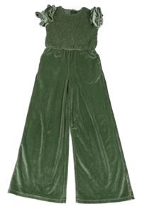 Zelený sametový třpytivý sametový culottes overal Vertbaudet