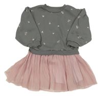 Šedo-světlerůžové teplákovo/šifonové šaty s kytičkami Primark