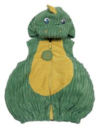 Kostým - Tmavozeleno/žlutá žebrovaná plyšová zateplená vesta s kapucí - dinosaurus 