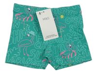 Nové - Zelené elastické kraťasy s plameňáky a nápisy M&S