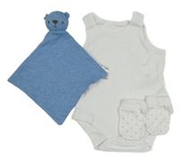 3set - Bílé body + bílé rukavičky s trojúhelníky + modrý usínáček s medvědem