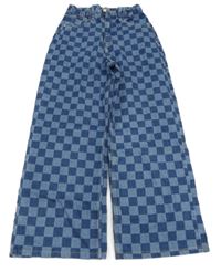 Tmavomodro-modré kostkované wide leg rifle H&M