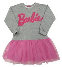 Šedo-růžové teplákové šaty s nápisem a tylovou sukní - BARBIE