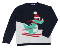 Tmavomodrý svetr s dinosaurem na lyžích Lupilu