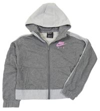 Šedá propínací crop mikina s šusťákovými prvky a kapucí Nike