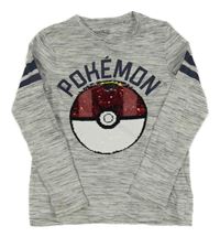 Šedo-bílo-černé melírované triko se znakem pokémonů z překlápěcích flitrů a pruhy C&A