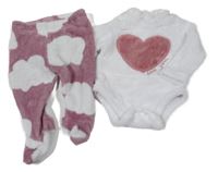 2set - Bílé chlupaté body se srdcem + starorůžové chlupaté polodupky s mraky