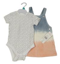 Nové - 2Set - Modro-bílo-broskvové batikované riflové šaty + bílo-černé vzorované body F&F