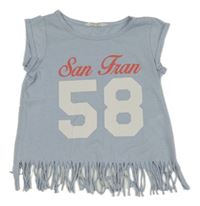 Světlemodré melírované crop tričko s číslem a nápisem a třásněmi H&M