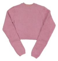 Růžový chlupatý crop svetr Bershka 