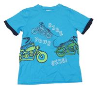 Modré tričko s nápisy a motorkami Topolino