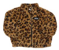 Hnědo-černá propínací chlupatá mikina s leopardím vzorem Shein