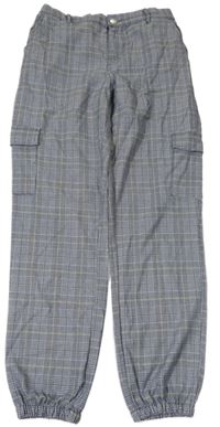 Tmavomodro-bílo-žluté kostkované cargo cuff kalhoty C&A